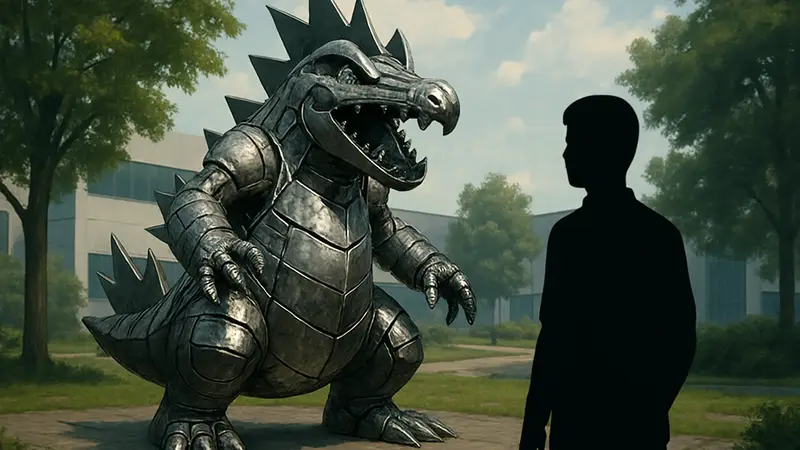 Большая металлическая скульптура Feraligatr, покемона водного типа, созданная фанатом.