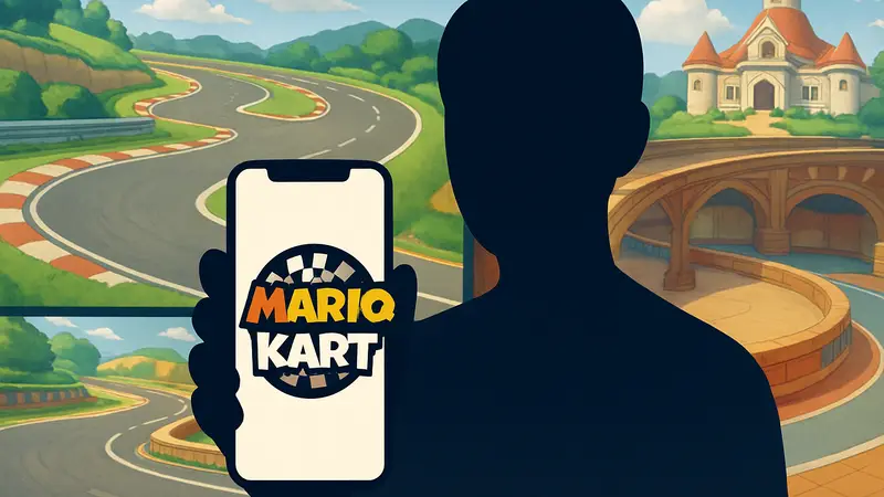 Логотип Mario Kart на фоне треков из Mario Kart: Double Dash!! и Super Circuit в приложении Nintendo Music.