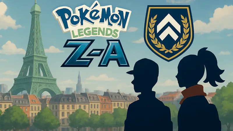Изображение тренеров покемонов и логотипа Pokémon Legends: Z-A с символикой ранговых битв.