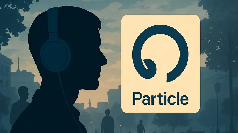 Изображение логотипа Particle AI-приложения, слуховых аппаратов или наушников, символизирующих подкасты.
