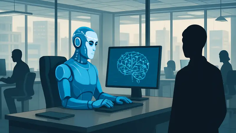 ИИ-босс на рабочем месте, искусственный интеллект в управлении, офисная среда будущего