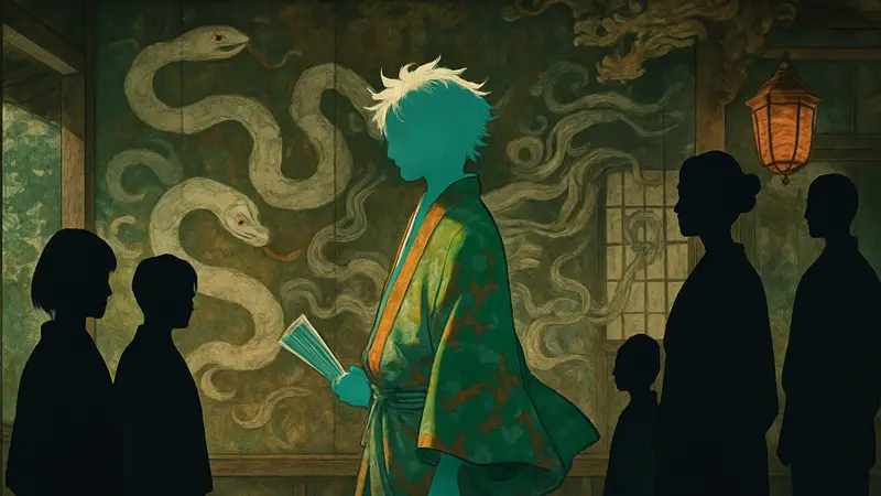 Ключевой визуал аниме-фильма Mononoke Movie 3: Hebigami, демонстрирующий персонажей и стилистику с мистическими элементами.