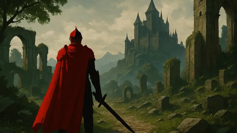 Персонаж в алых доспехах из Crimson Capes в фэнтезийном мире.