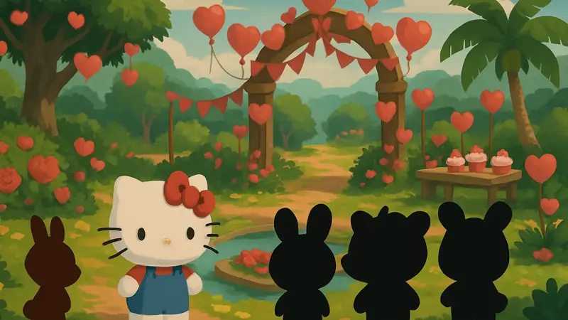 Hello Kitty и её друзья на фоне праздничного декора в игре Hello Kitty Island Adventure ко Дню святого Валентина.