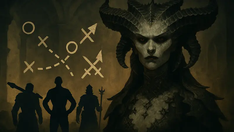 Обложка Diablo 4 с изображением Лилит и символами войны, отражающая тему War Plans в 14 сезоне