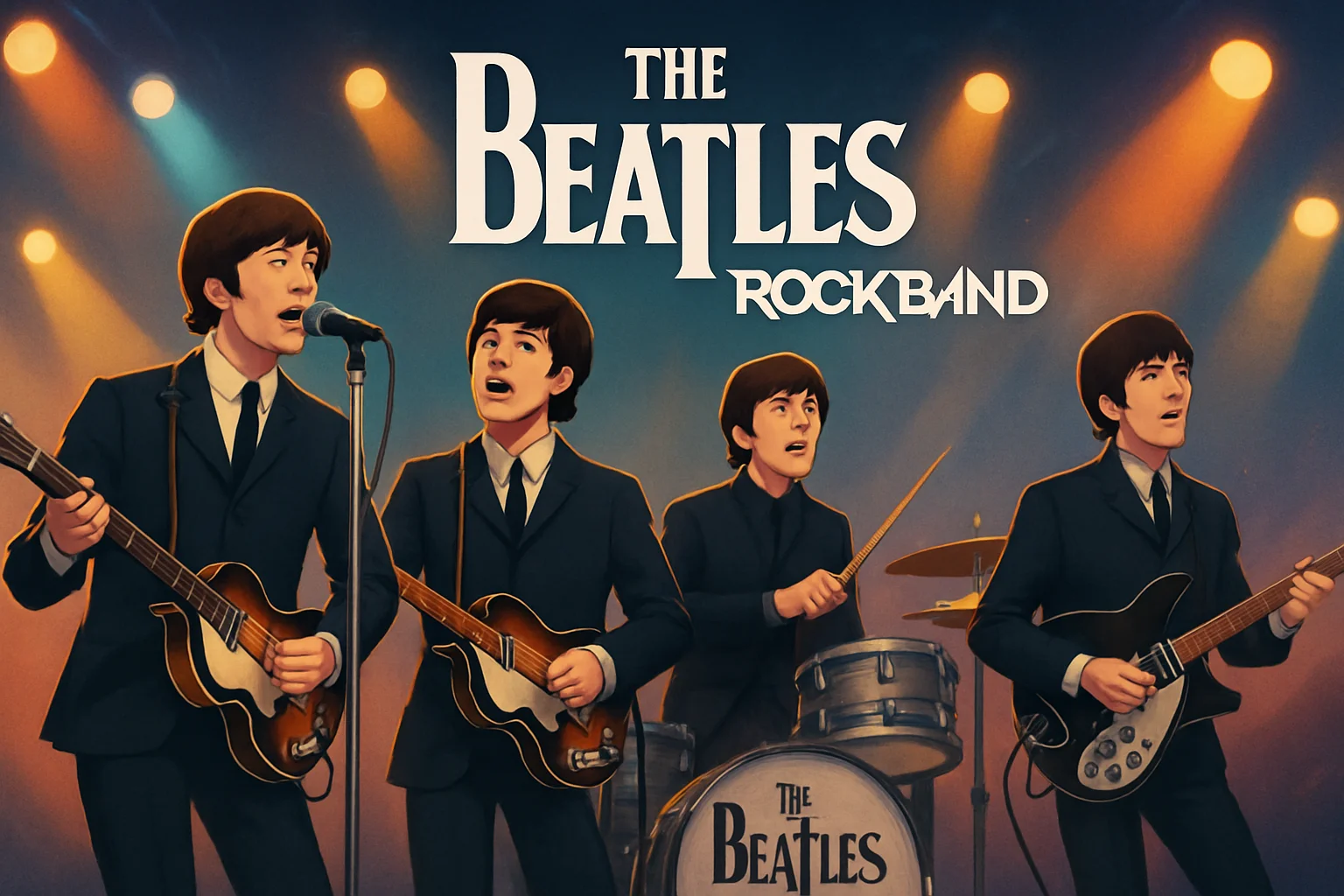 Обложка игры The Beatles Rock Band с анимированными участниками группы и логотипом игры, стилизованная под выступление.