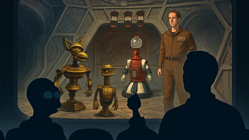Кадр из Mystery Science Theater 3000 с роботами и людьми