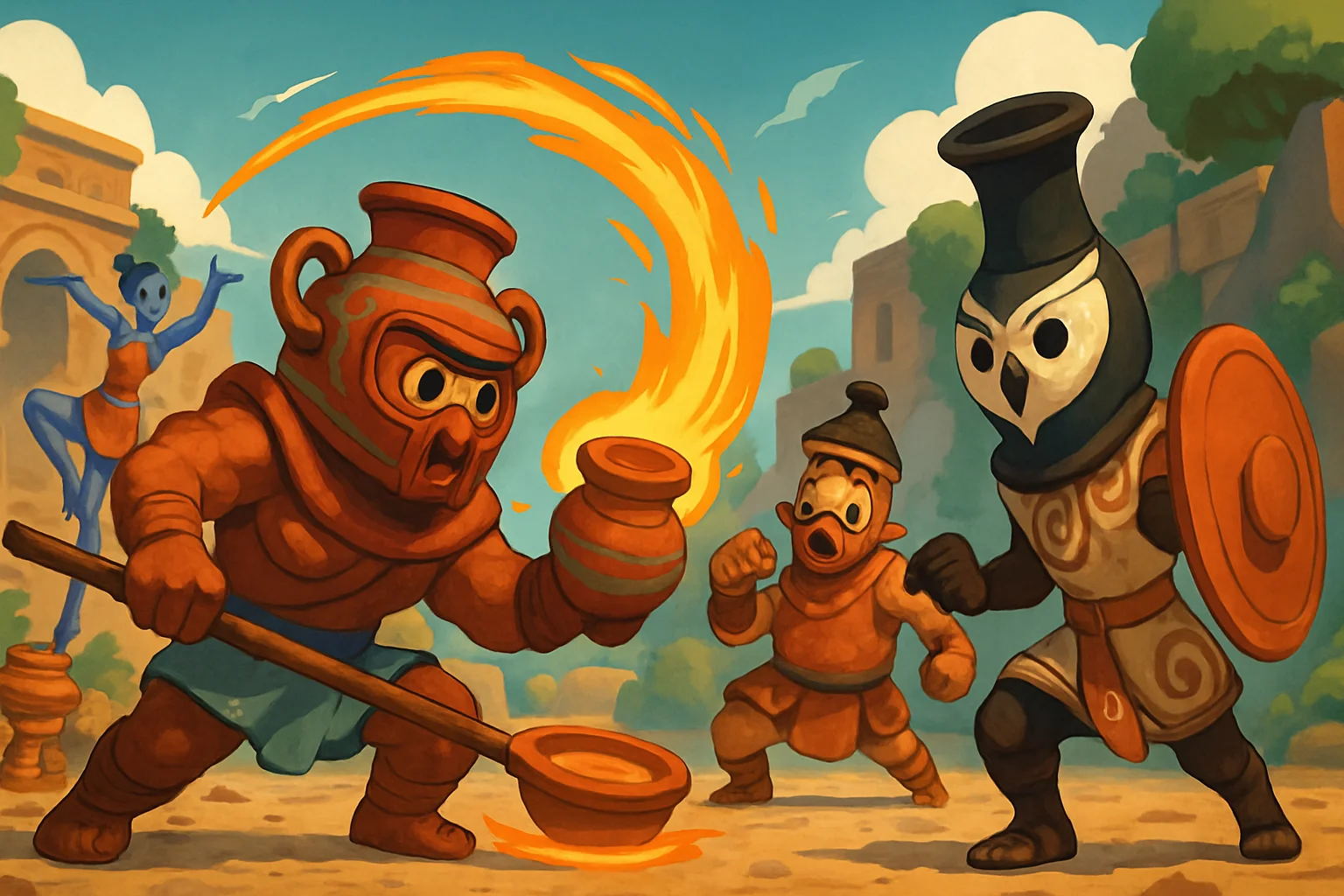 Скриншот или обложка игры Kiln, изображающая стилизованных персонажей-гончаров в бою.