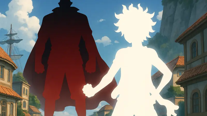 Персонажи One Piece, возможно, Луффи в форме Бога Солнца Ники, на фоне таинственного силуэта нового пирата.