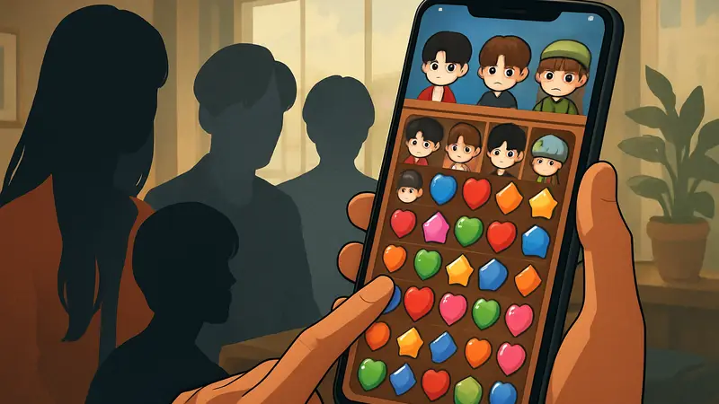 Игровой процесс SMiniz с K-pop персонажами и элементами головоломки «три в ряд» на мобильном устройстве.