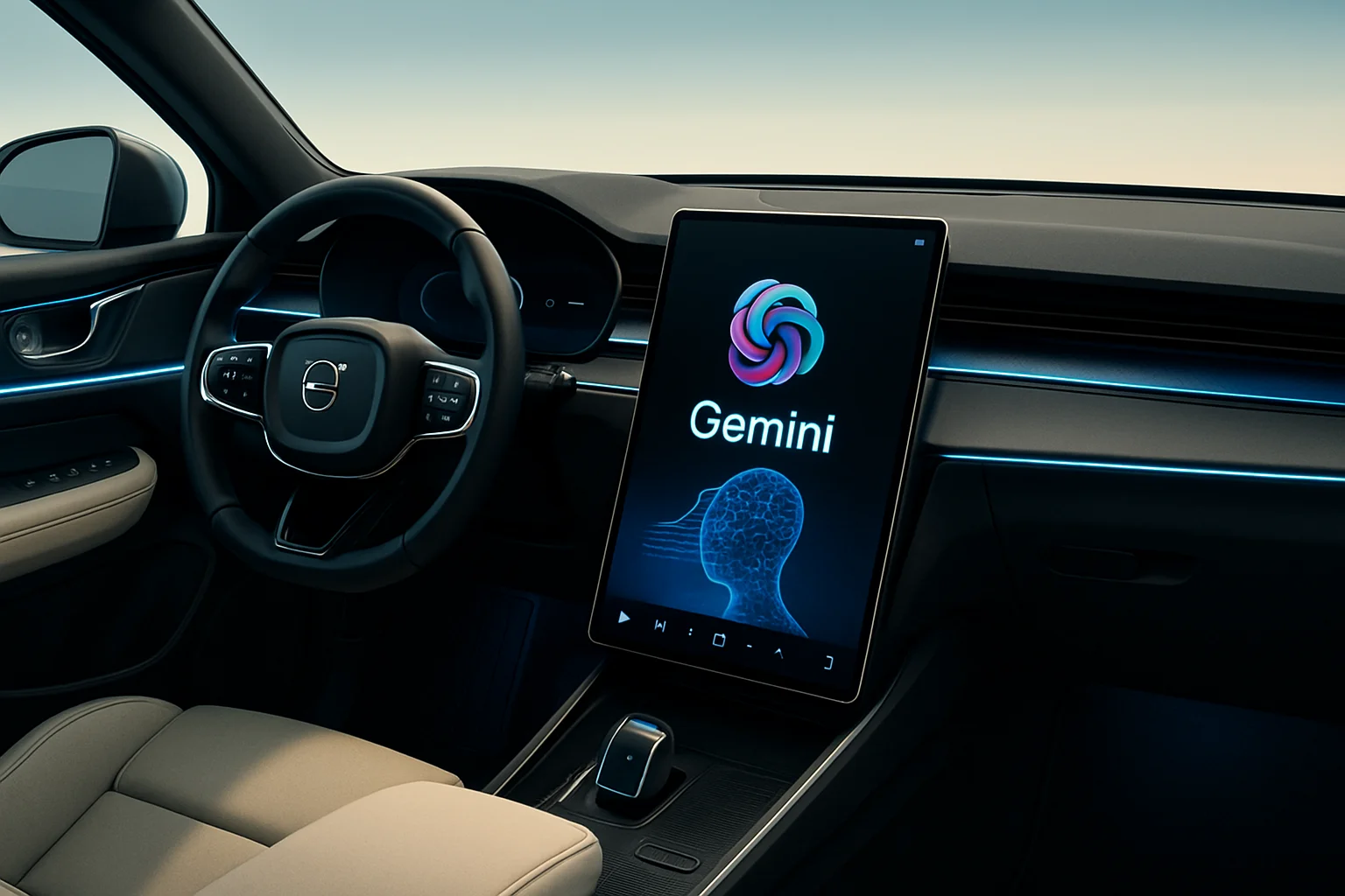 Футуристичный интерьер электромобиля Volvo EX60 с экраном, демонстрирующим интеграцию ИИ Gemini