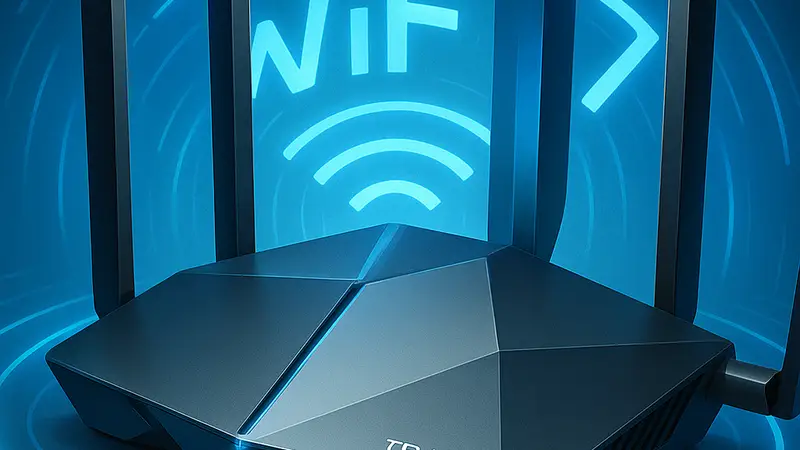 Двухдиапазонный Wi-Fi 7 роутер TP-Link, демонстрирующий его футуристический дизайн и антенны, на фоне светящейся беспроводной сети.