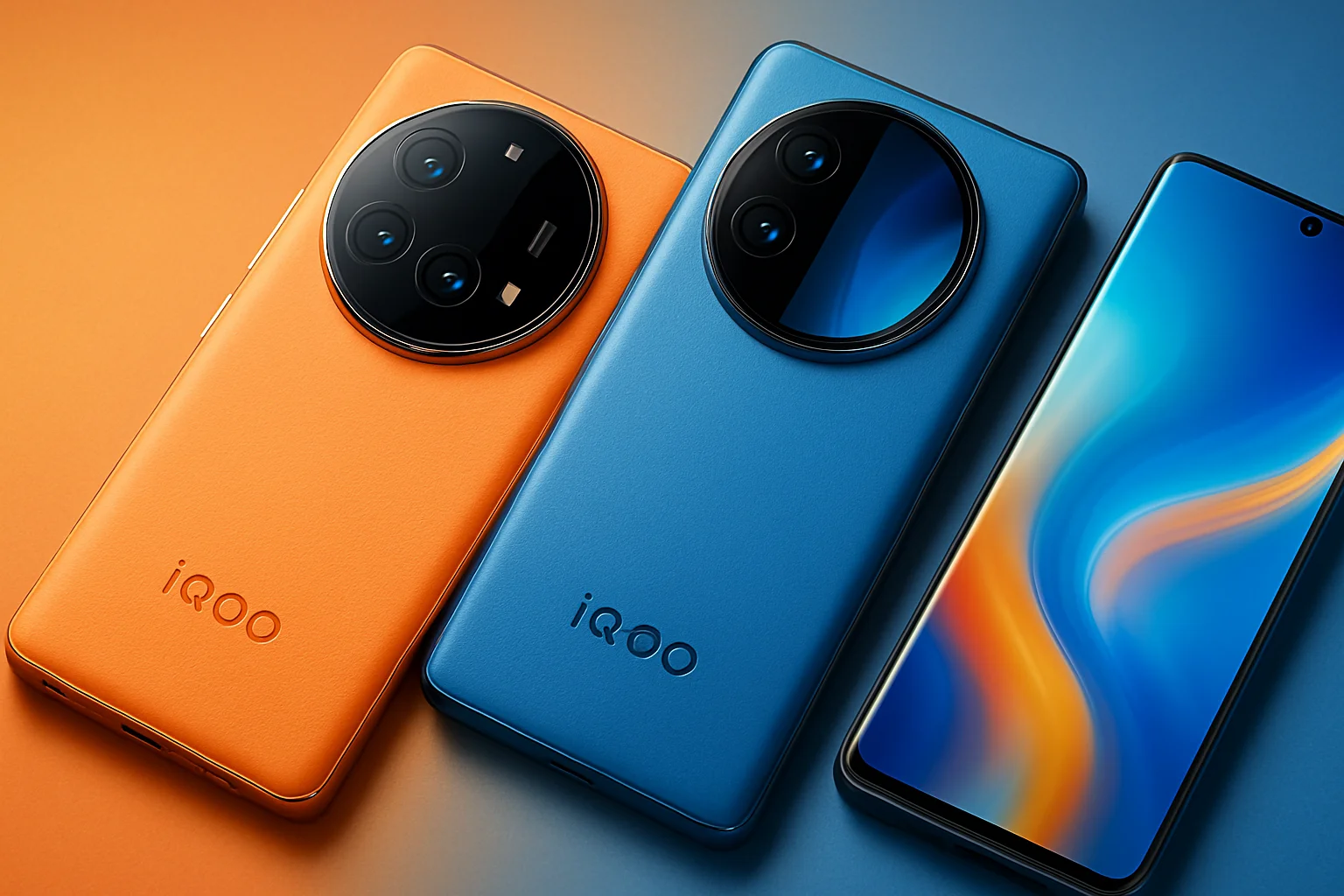 Смартфон iQOO 15 Ultra в оранжевом и синем цветах с крупным модулем камеры.