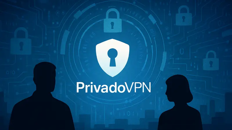 Логотип PrivadoVPN на фоне абстрактной кибербезопасности, демонстрирующий защиту данных.