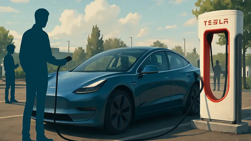 Электромобиль Tesla заряжается на станции быстрой зарядки, демонстрируя улучшение инфраструктуры в США.