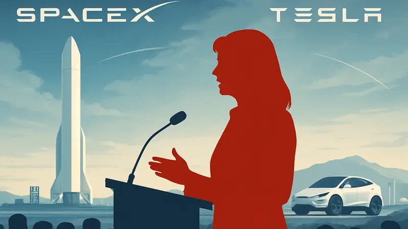 Логотипы SpaceX и Tesla, Гвинн Шотвелл на конференции, футуристический пейзаж.