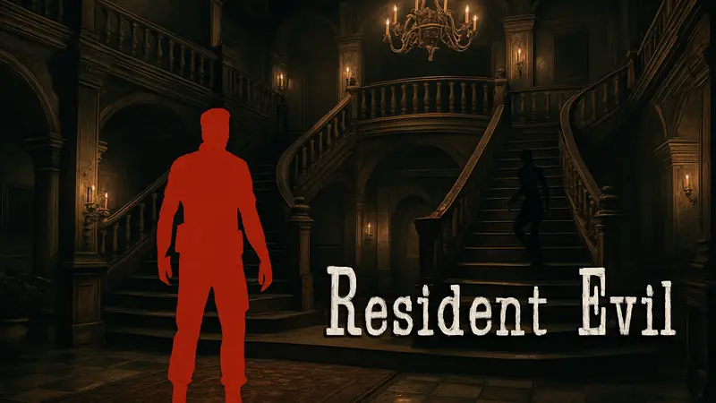 Сцена из особняка Resident Evil 1 в современном графическом исполнении, логотип игры