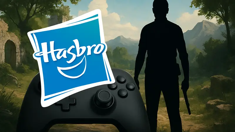 Логотип Hasbro на фоне контроллера или скриншота одиночной сюжетной игры, символизирующий новую стратегию