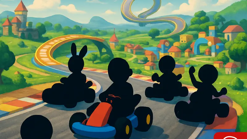 Обложка саундтрека Mario Kart World с изображением персонажей и гоночных трасс, логотип Nintendo Music.