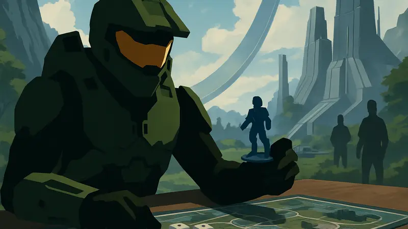 Мастер Чиф в настольной игре Halo, держащий фигурку и игральные кости.