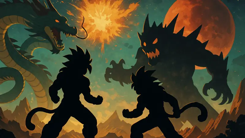 Персонажи Dragon Ball в форме Super Saiyan 4, сражение с мультивселенскими угрозами