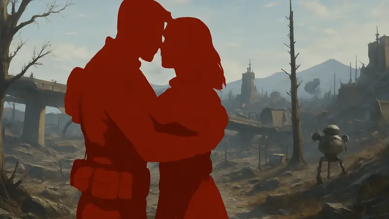 Скриншот Fallout 4: персонаж игрока обнимает компаньона, на фоне постапокалиптический мир.