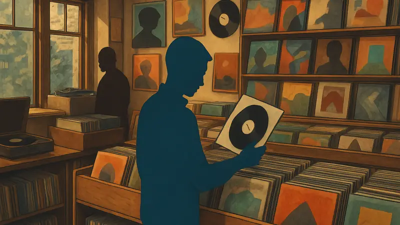 Скриншот игры Wax Heads: магазин виниловых пластинок, акцент на поиске уникального альбома.