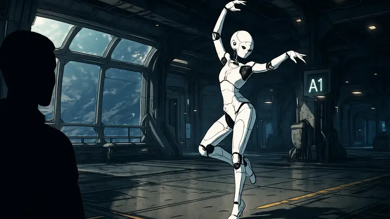 Робот Диана из игры Pragmata танцует на станции Shelter, иллюстрация гайда по эмоциям.