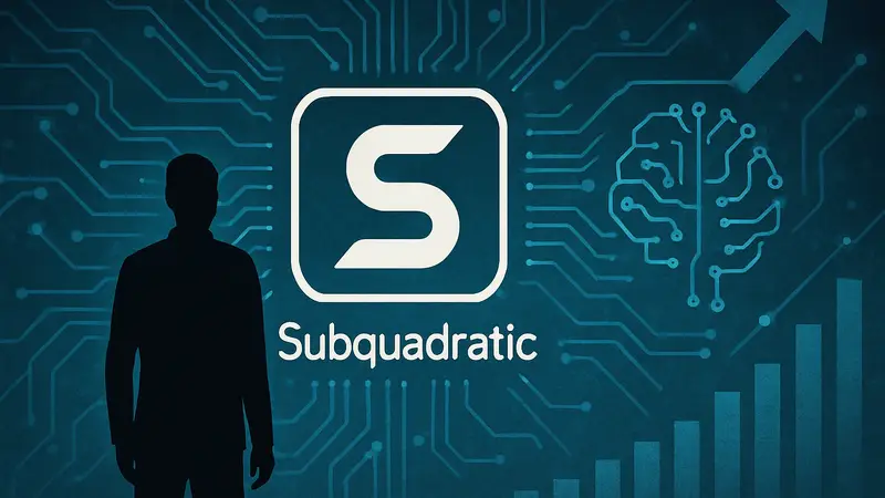 Логотип стартапа Subquadratic, на фоне символизирующем искусственный интеллект и эффективность