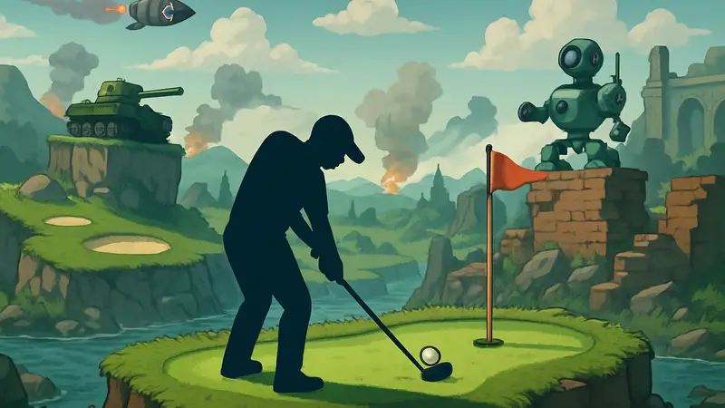 Скриншот игрового процесса Super Battle Golf, демонстрирующий уникальный стиль инди-игры