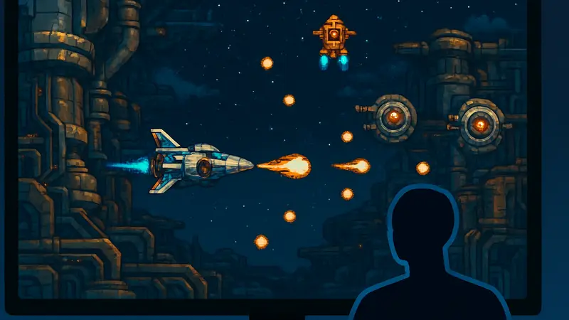 Скриншот геймплея Revolgear Zero: космический корабль стреляет во врагов в ретро-стиле.