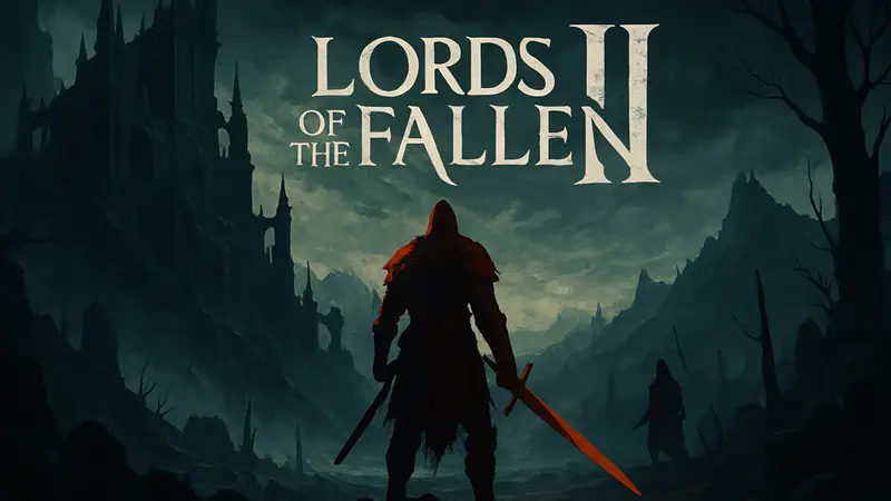 Логотип Lords of the Fallen II на фоне мрачного фэнтезийного пейзажа