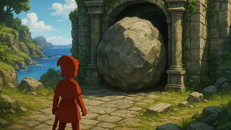 Скриншот из Dragon Quest 7 Reimagined, демонстрирующий камень в локации Shoreside Shrine.