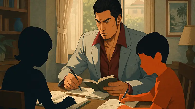 Казума Кирю из Yakuza Kiwami 3 сидит за столом и помогает детям с домашними заданиями
