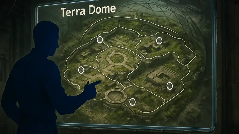 Карта сектора Terra Dome из игры Pragmata с отмеченными точками интереса.