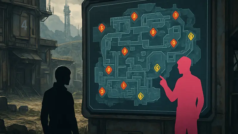 Интерактивная карта локации Outpost в игре Marathon с метками контрактов и секретов