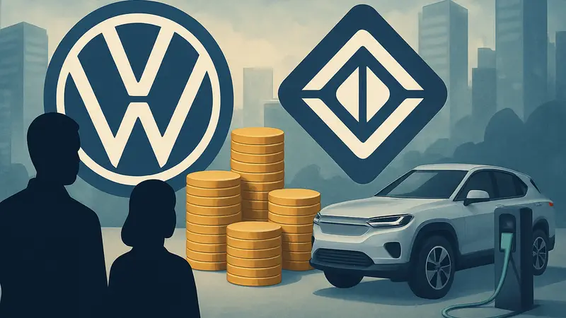 Логотипы Volkswagen и Rivian рядом, символизирующие партнерство и инвестиции в электромобили