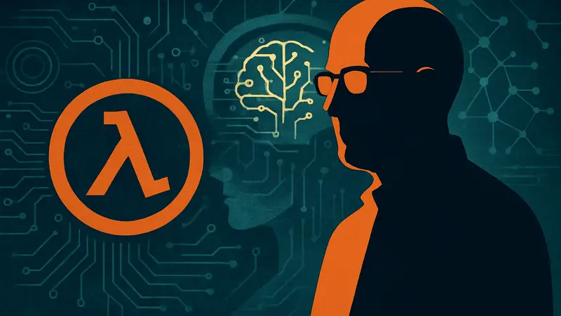 Эрик Уолпоу, писатель Valve, и логотип Half-Life на фоне символов искусственного интеллекта