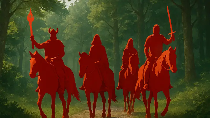 Люди в средневековых костюмах верхом на лошадях на фоне леса, имитирующие D&D приключение.