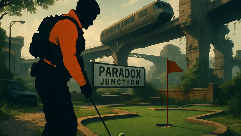 Игрок в Call of Duty: Black Ops 7 у поля для мини-гольфа на карте Paradox Junction.