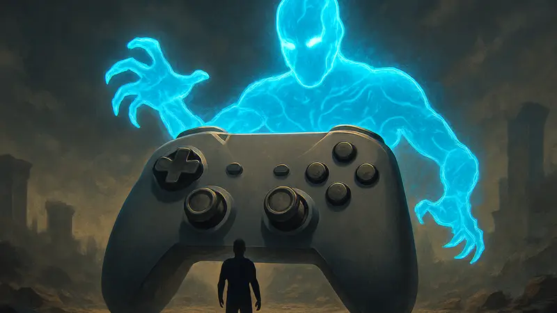 Искусственный интеллект, угрожающий игровой индустрии, на фоне игрового контроллера.
