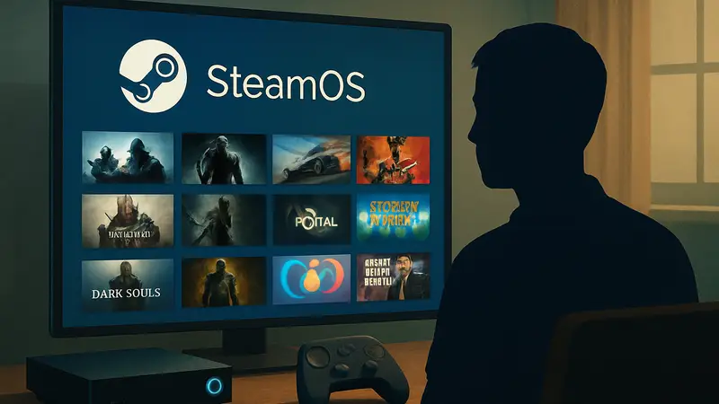 Игровая консоль Steam Machine на фоне рабочего стола SteamOS с библиотекой игр.