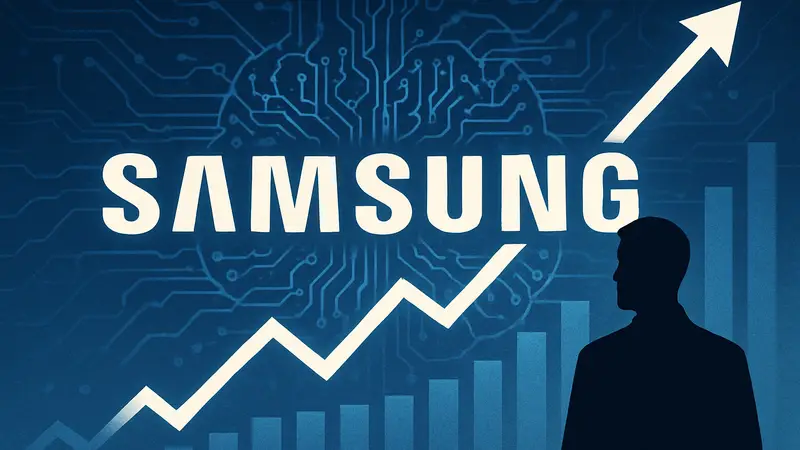 Логотип Samsung на фоне растущего графика, символизирующего ИИ