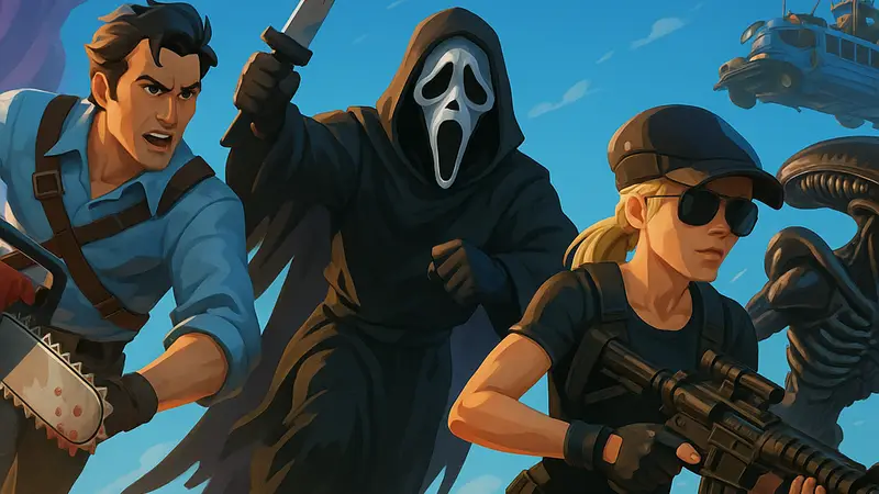 Персонажи Fortnite, стилизованные под героев франшиз с рейтингом R, в динамичной сцене.