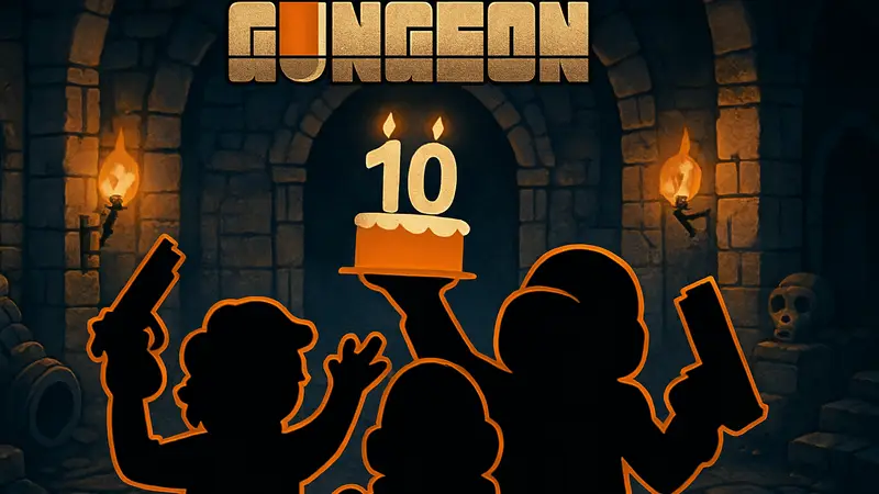 Логотип Enter the Gungeon, персонажи игры на фоне подземелья, празднующие 10-летие.
