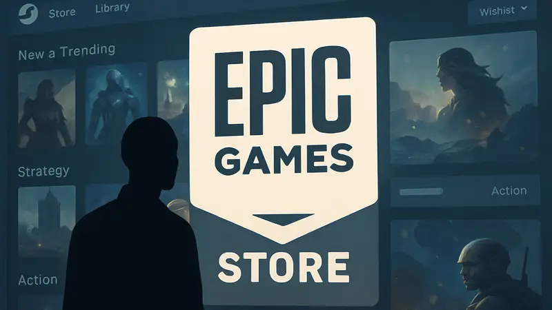 Логотип Epic Games Store на фоне интерфейса магазина с элементами дизайна Steam