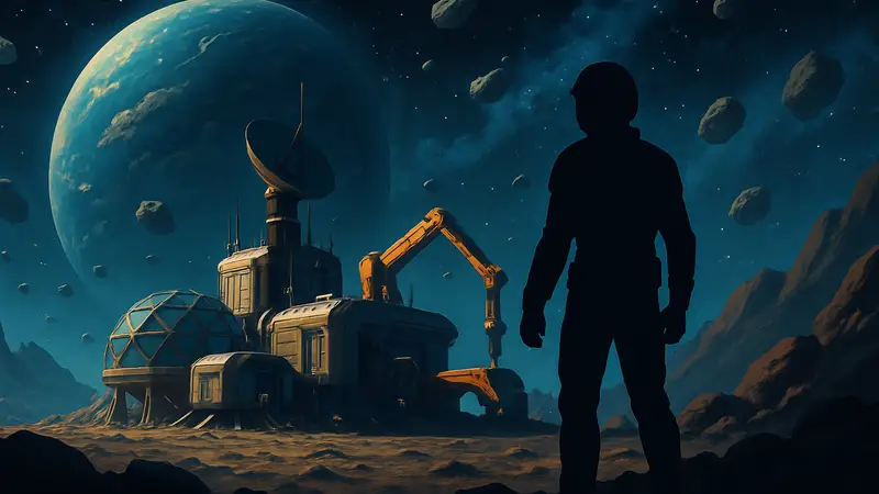 Обложка игры Starminer на фоне космоса, с элементами строительства и исследования базы.