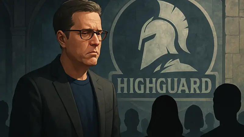 Джефф Кили на фоне логотипа Highguard во время игрового скандала.