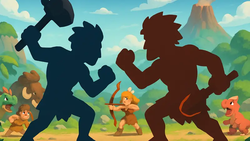 Скриншот из мобильной игры StoneAge Idle Adventure с изображением персонажей, сражающихся в PvP-режиме.