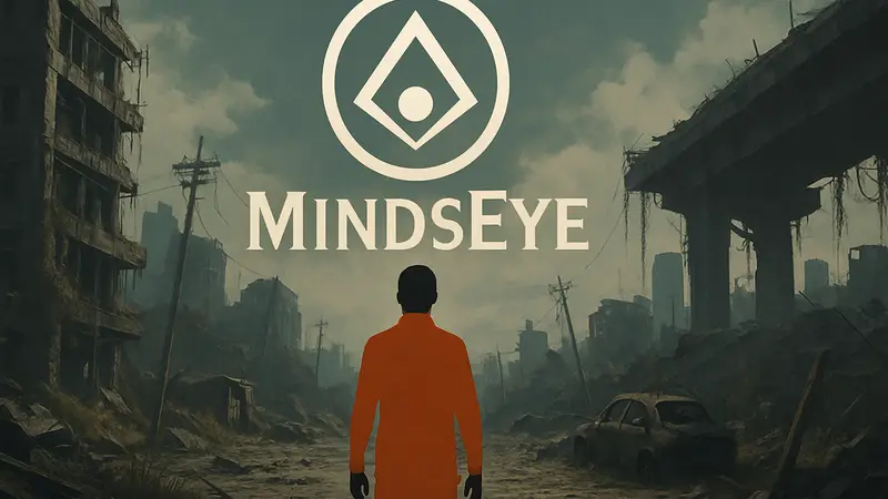 Логотип MindsEye с названием игры и символом, отражающим постапокалиптический мир.